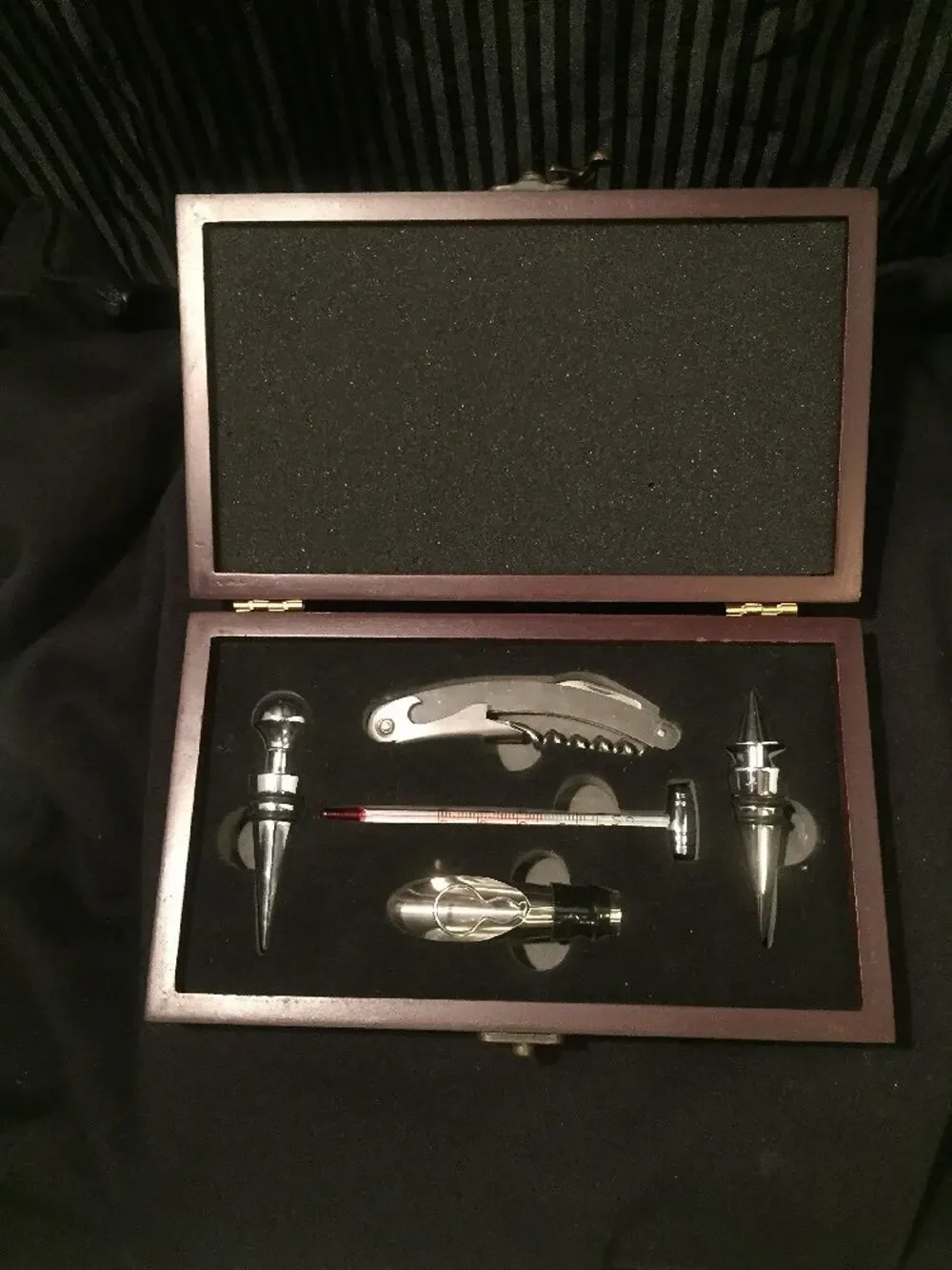 Wine Bottle Opener 5 Piece Set in Mahogany Wooden Box Corkscrew